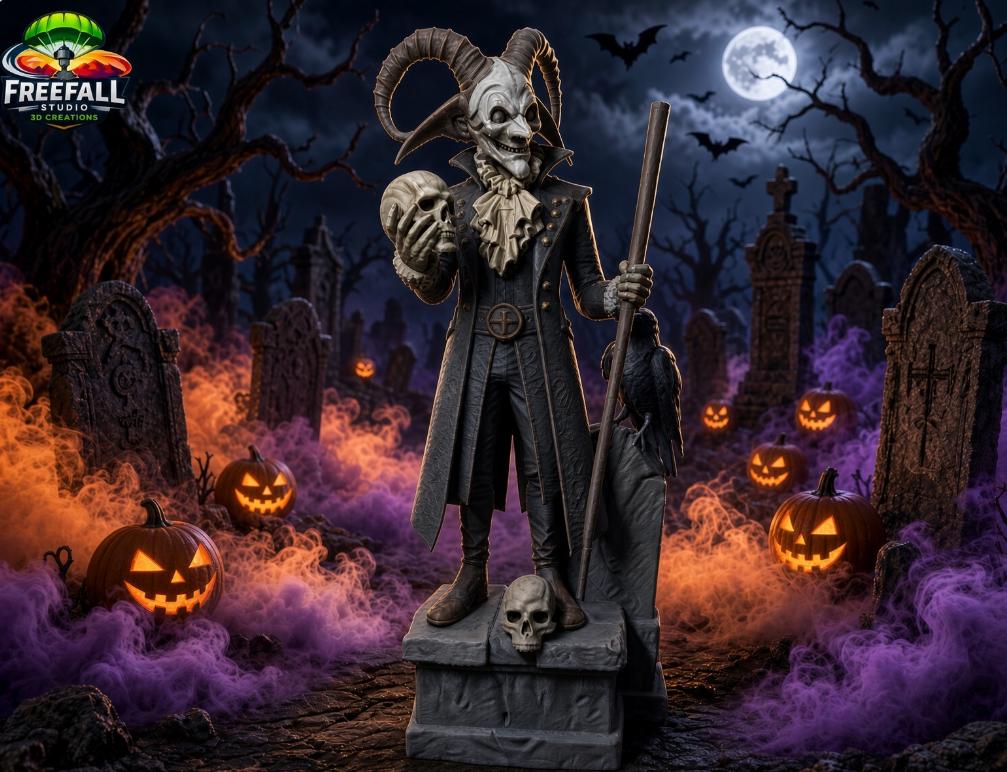 Meet The Graveyard Jester — 3D Printed paintable trickster who just stepped off his pedestal and into your collection.