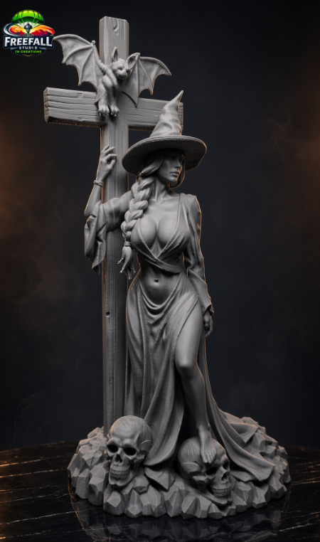The Witchy Seductress Halloween Decor | Witch, Cross & Bat, Gray 3D Print, 10×5×4 in