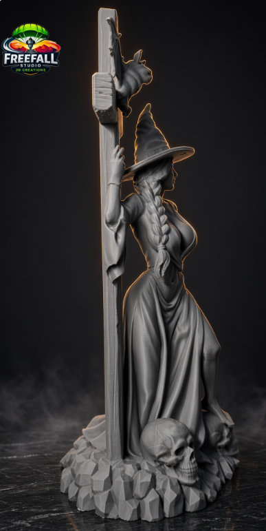 The Witchy Seductress Halloween Decor | Witch, Cross & Bat, Gray 3D Print, 10×5×4 in