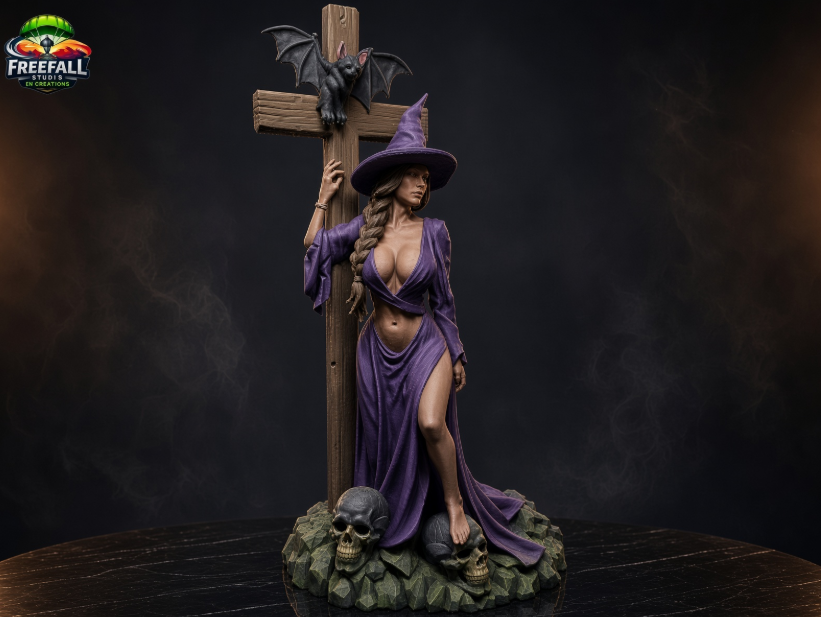 The Witchy Seductress Halloween Decor | Witch, Cross & Bat, Gray 3D Print, 10×5×4 in
