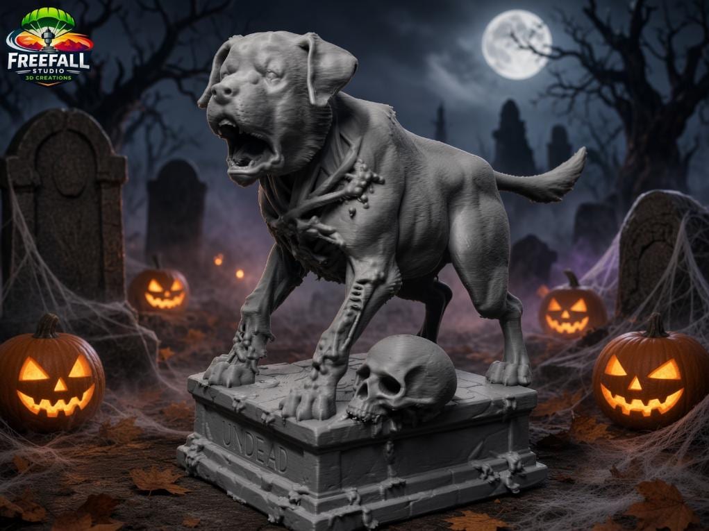 Undead Dog of the Graveyard, 3D Printed Gray and Paintable Decor