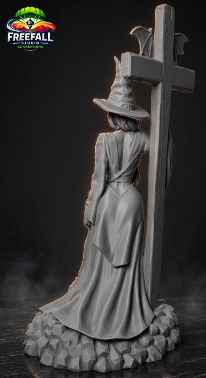 The Witchy Seductress Halloween Decor | Witch, Cross & Bat, Gray 3D Print, 10×5×4 in