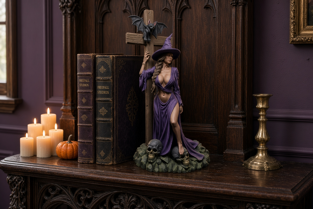 The Witchy Seductress Halloween Decor | Witch, Cross & Bat, Gray 3D Print, 10×5×4 in