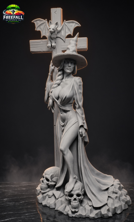 The Witchy Seductress Halloween Decor | Witch, Cross & Bat, Gray 3D Print, 10×5×4 in